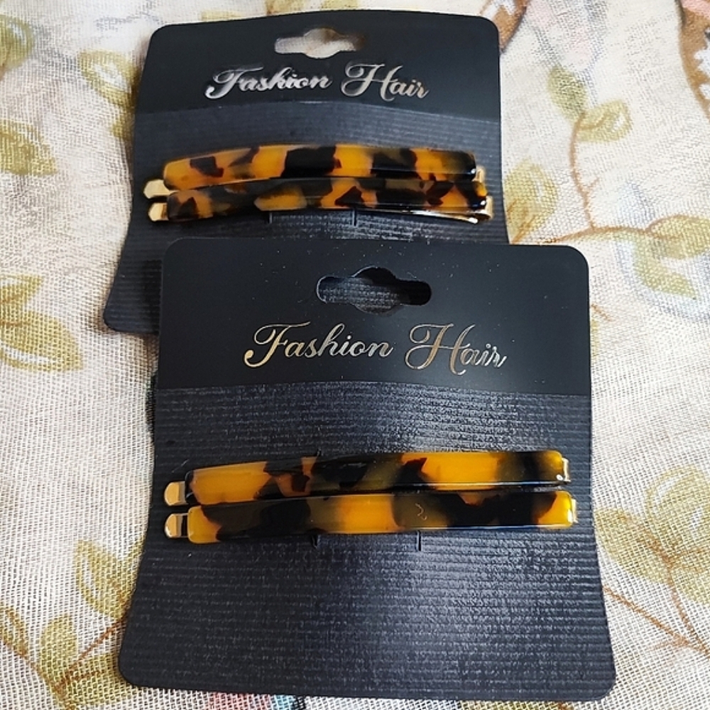 4 Faux Tortoise Lucite Pair of Hair Clips Bobbie Pins Hair Barrettes NEW NOC